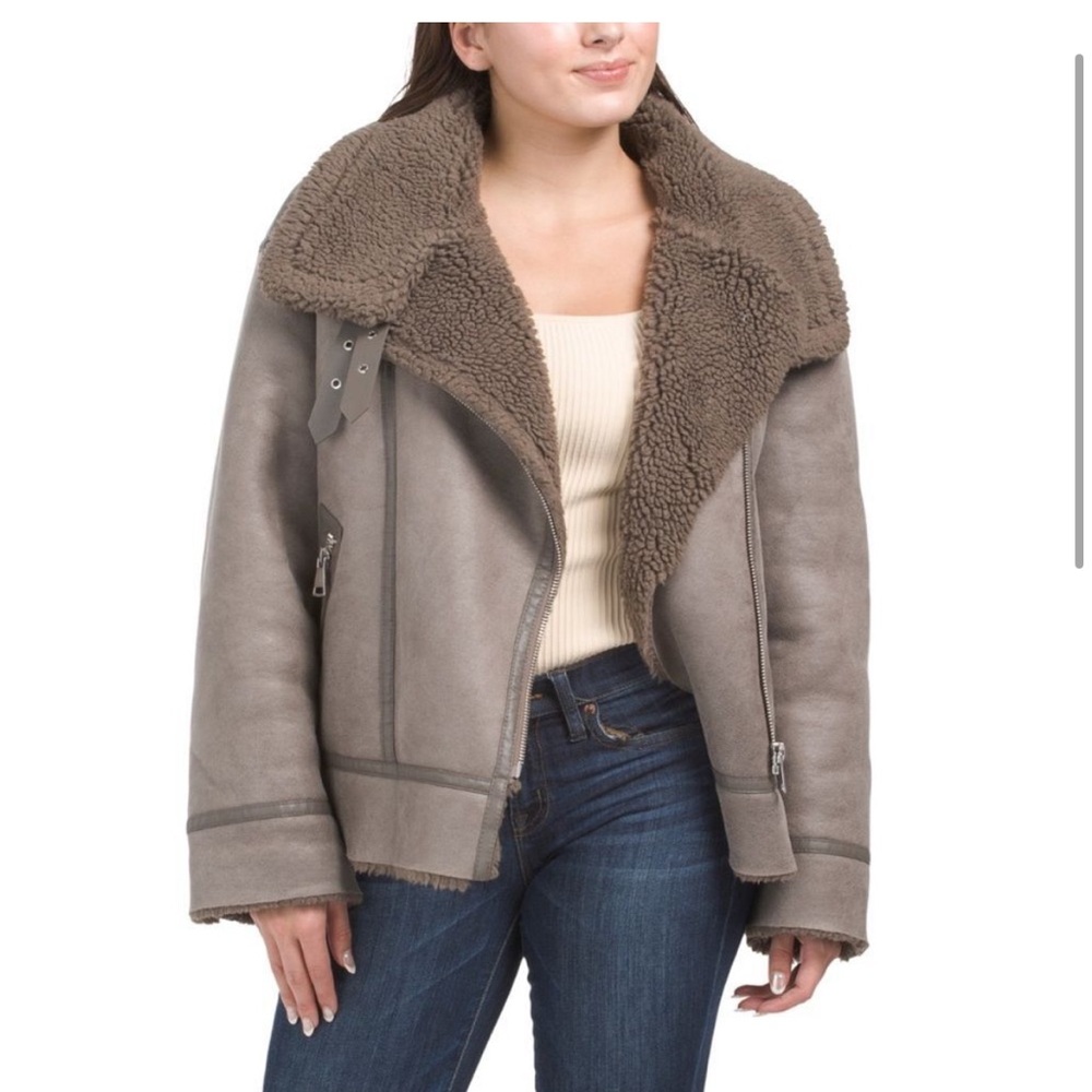 ZARA Women’s Faux Leather Shearling Fur Double-faced Biker Jacket Aviator Coat